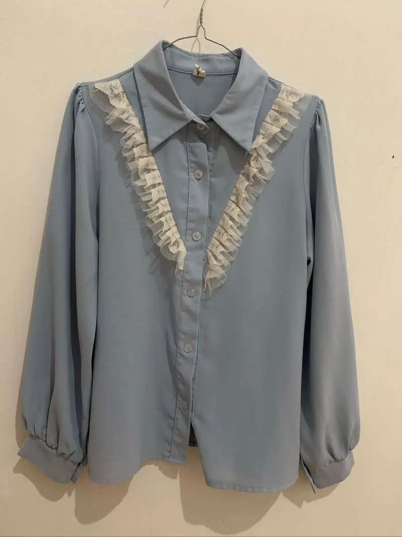 kemeja blouse biru rumbai putih  photo 1