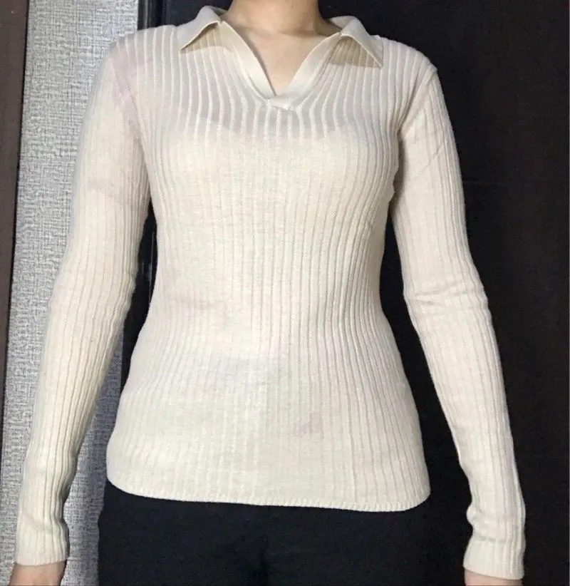 Ribbed Knit Polo Giordano Kerah V-Neck Ivory Slim Fit photo 1