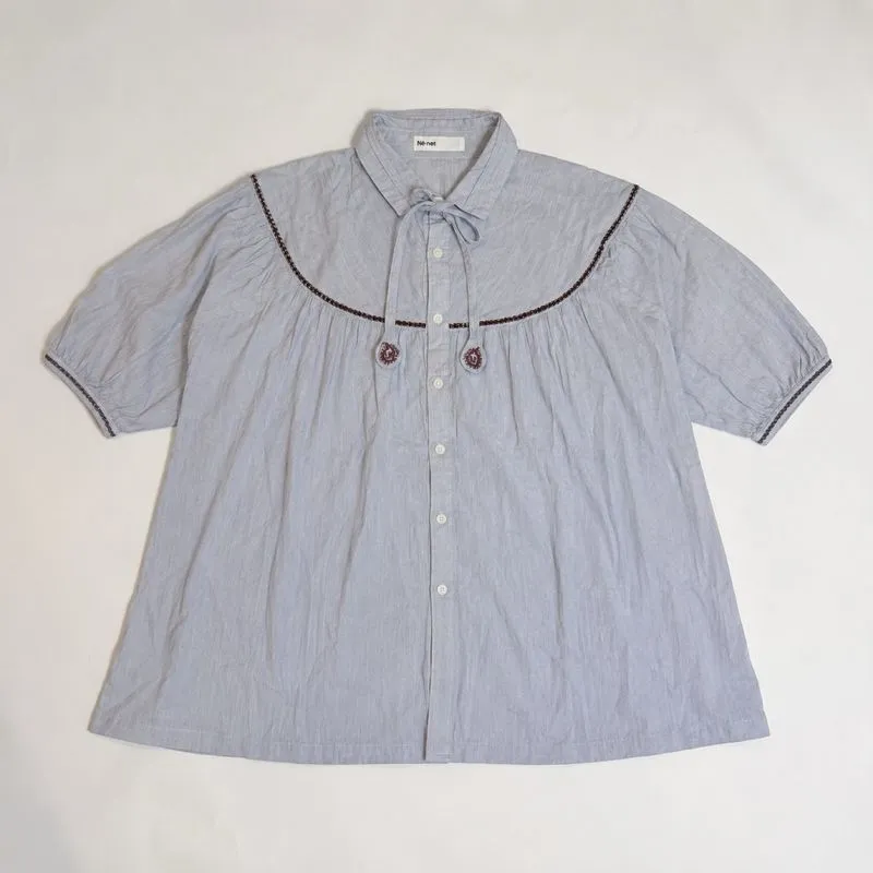 Ne-Net Blue Stripes Babydoll Peplum Collared Neck Tie Button photo 1