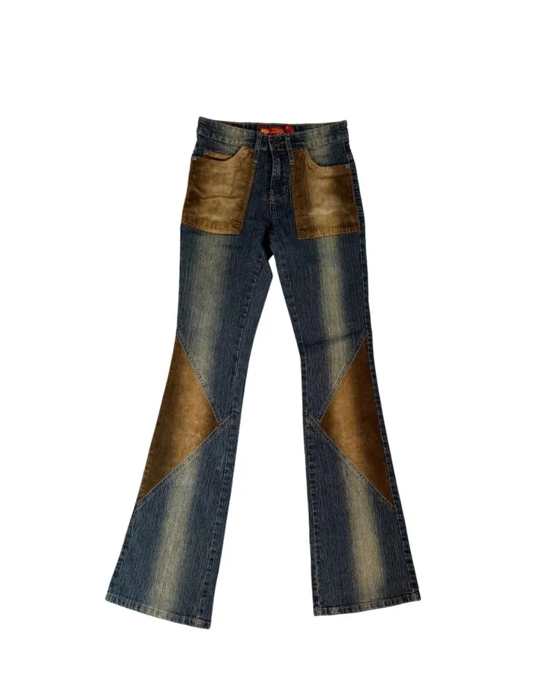 Denim Flare Jeans with Brown Leather Knee Patches photo 1