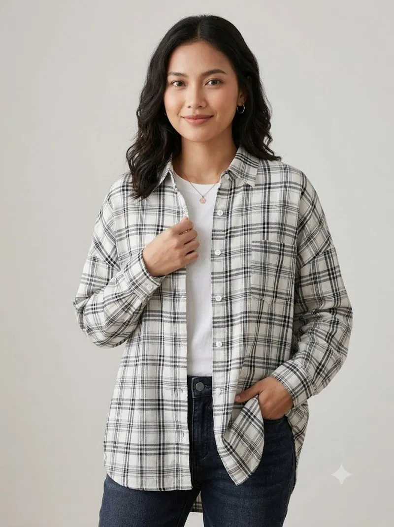 Kemeja katun Motif Tartan Monokrom photo 1