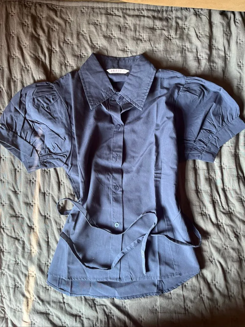 Hulm Ribbon Tied Puff Sleeve Button Up photo 1