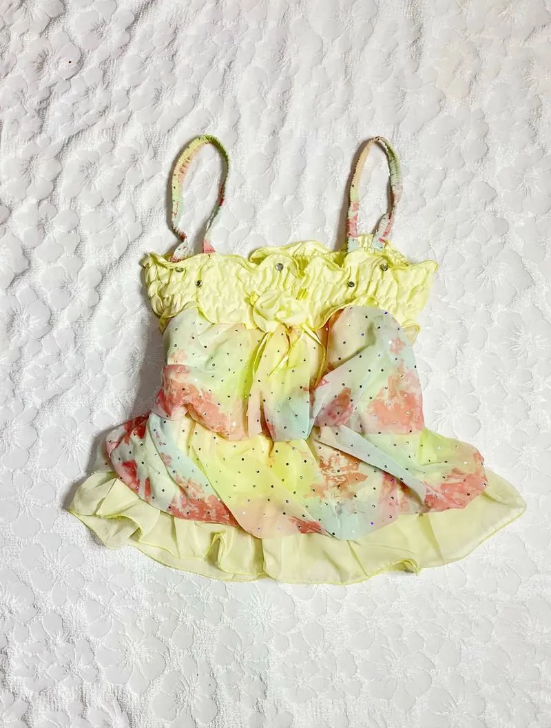 𓇼 Yellow Chiffon Ruffle Rose Cami Top photo 1
