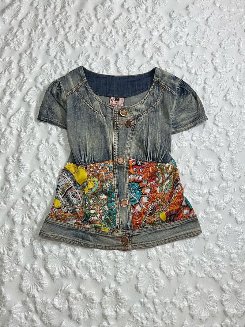 𓇼 Washed Denim Patchwork Top photo 1