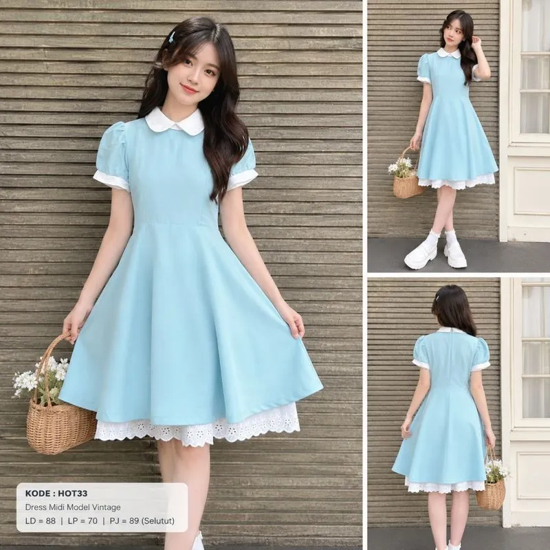 HOT33 - Dress Midi Kerah Boneka Rok A Line photo 1