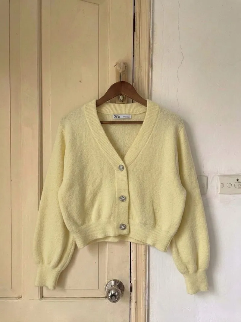 ZARA| Cardigan Butter Yellow Soft With Crystal Button  photo 1