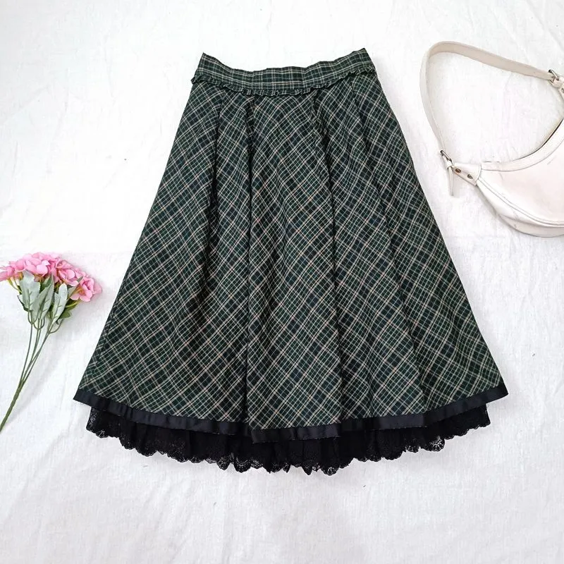 AXES FEMME Plaid Flannel Lace Skirt Green Size M photo 1