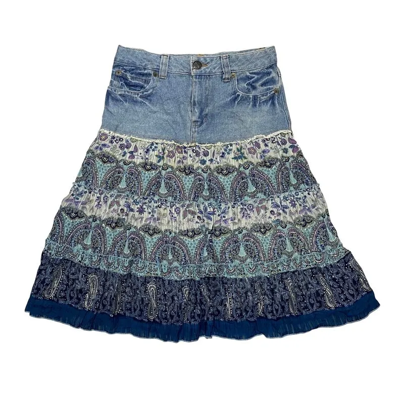 vintage denim fairy boho blue paisley skirt photo 1