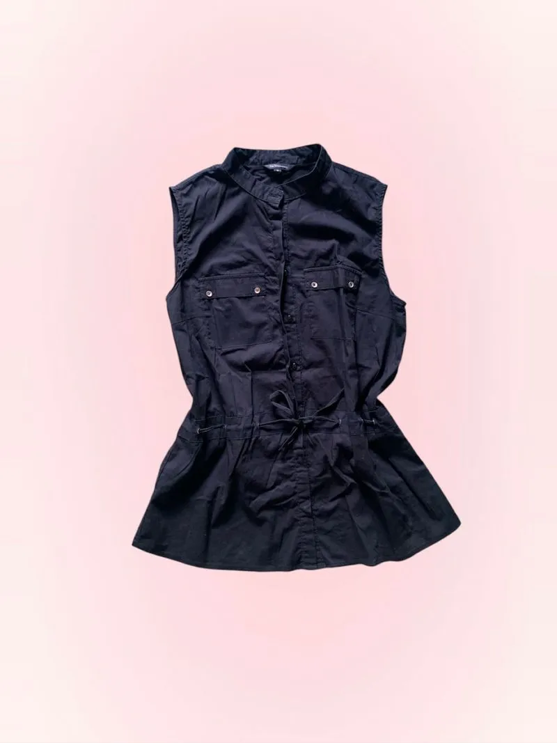 blouse wanita hitam tanpa lengan serut pinggang casual elega photo 1