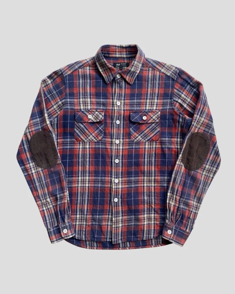 Beams Heart Japan Flannel Shirts Corduroy Elbow Red Blue photo 1