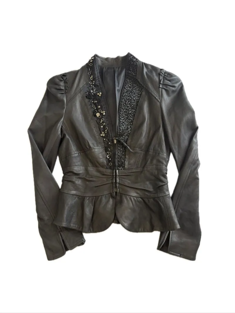 Beaded Zipper Genuine Leather Blazer photo 1