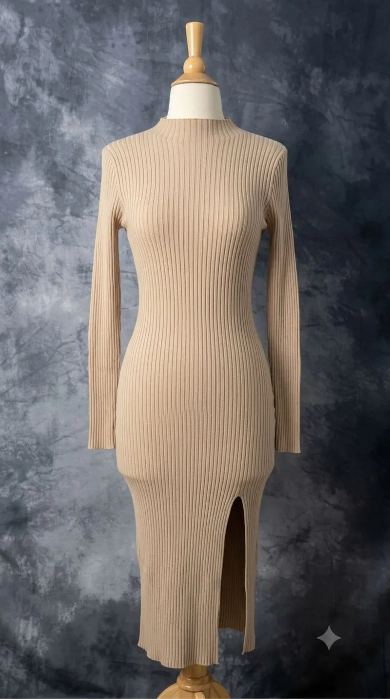 Nude Ribbed Long-Sleeve Slit Dress Knit photo 1