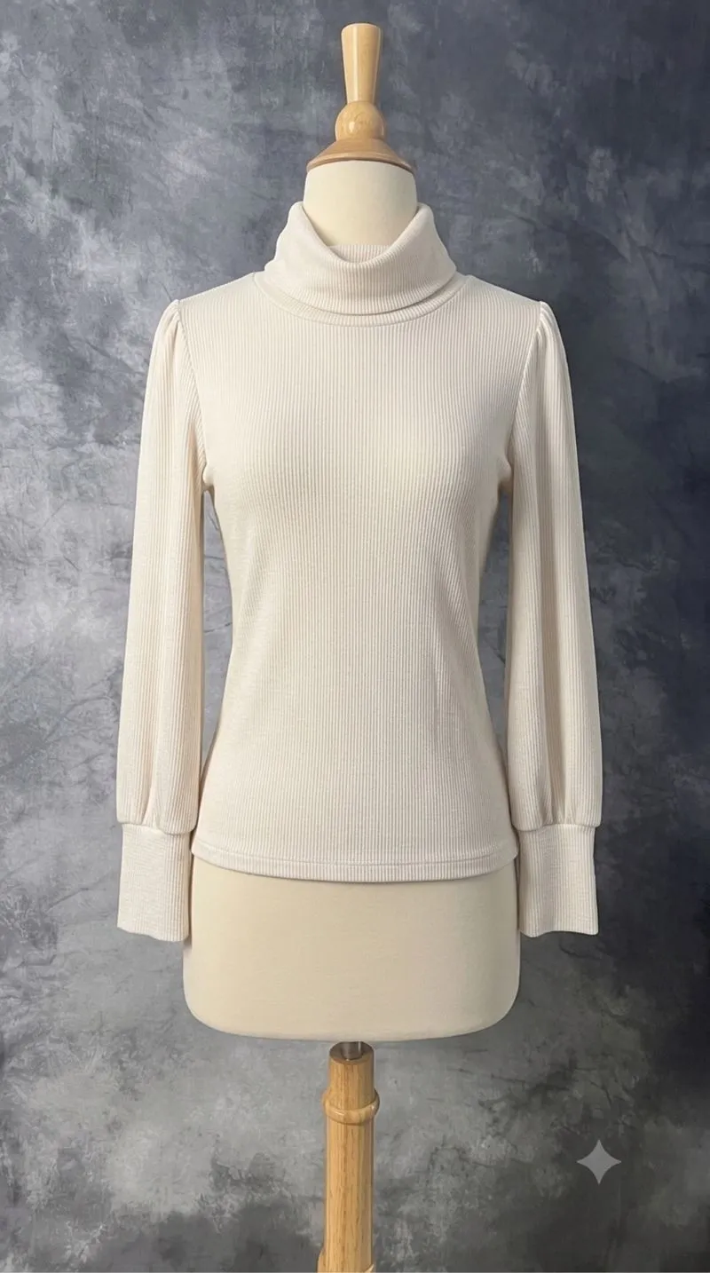 White Puff-Sleeve Turtleneck Sweater photo 1