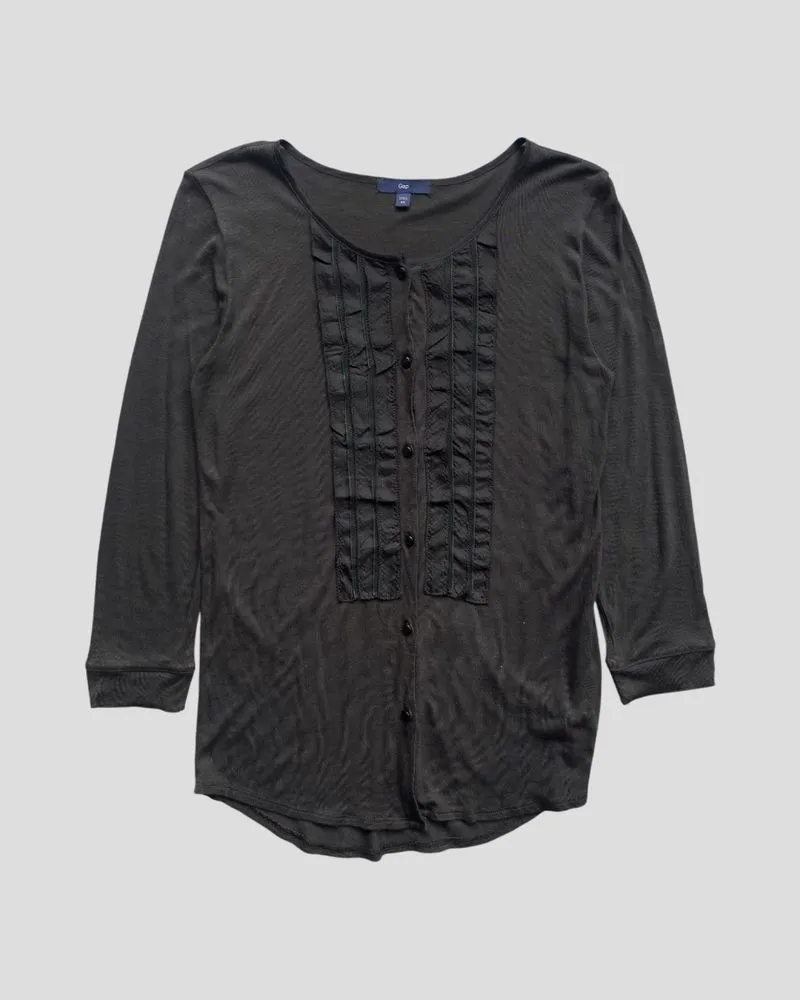 GAP Army Olive Green Womens Ruffle Tuxedo Blouse Shirts photo 1