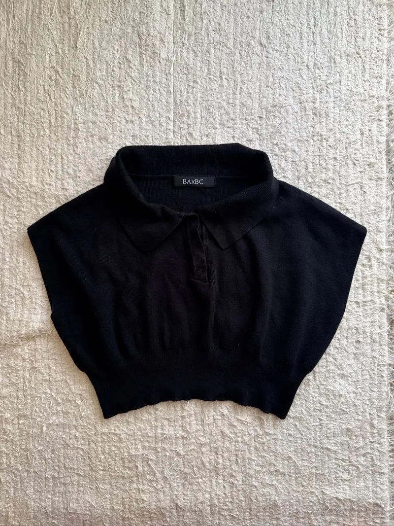 Black Cropped Knit Polo Top photo 1