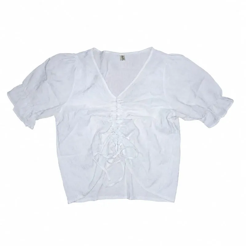 Blouse Broken White Wanita Puff Sleeve V-Neck Lace Up Casual photo 1