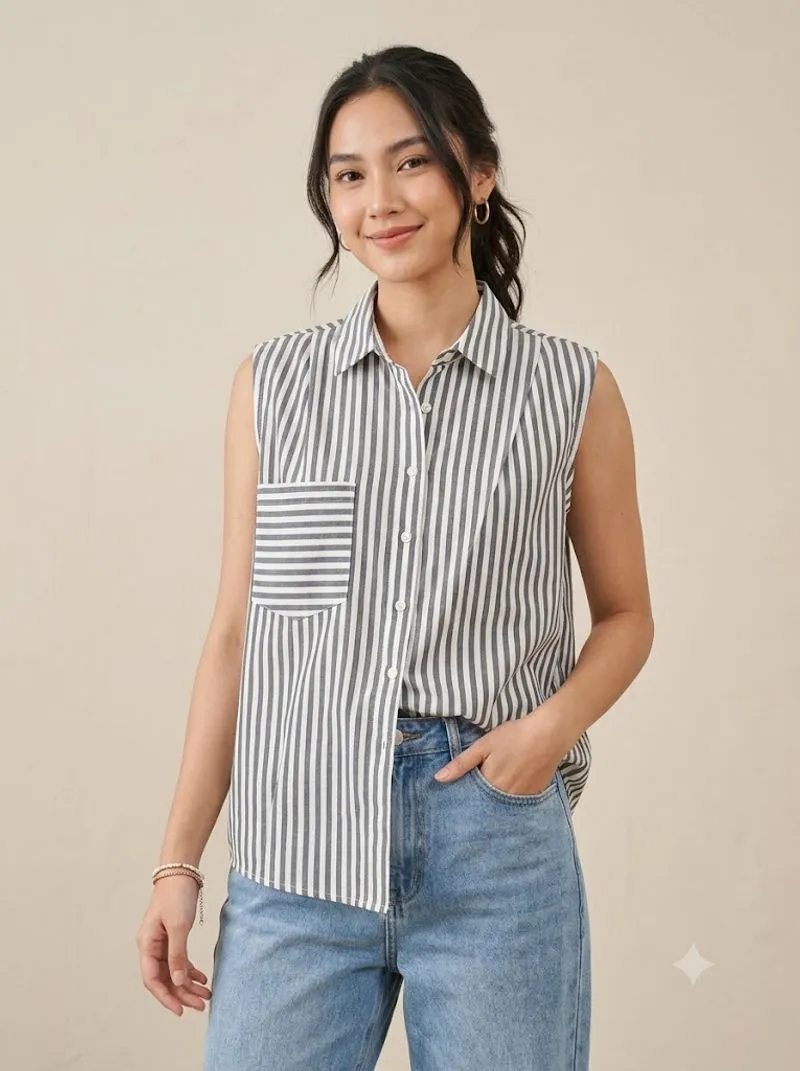 Kemeja Tanpa Lengan Motif Garis Salur Navy White photo 1