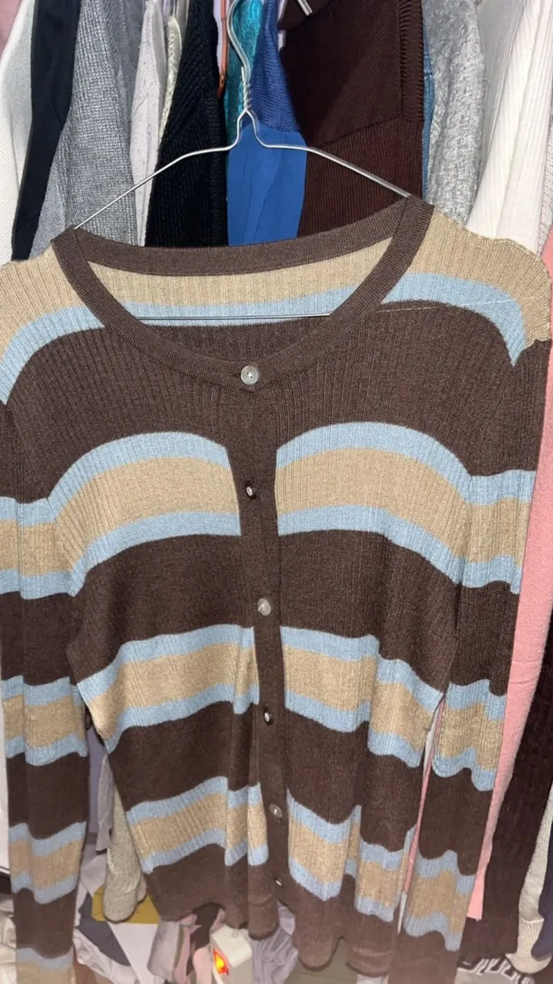 Cardigan Rajut Garis Cokelat Biru Wanita photo 1