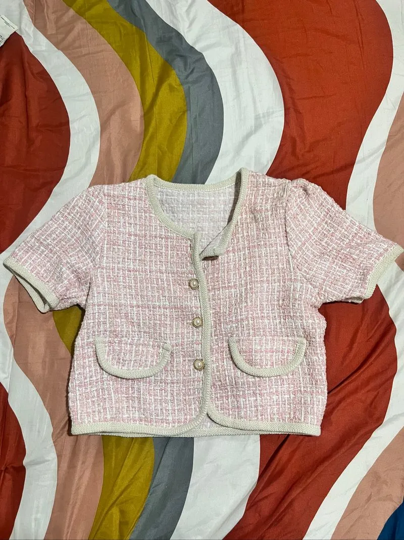 Soft pink tweeed top photo 1