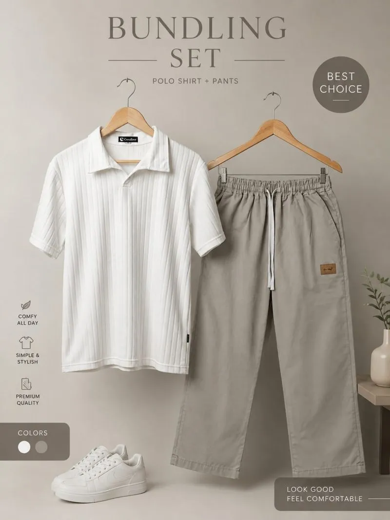 [PAKET BUNDLING] Kaos Polo Putih dan Celana Casual Unisex photo 1