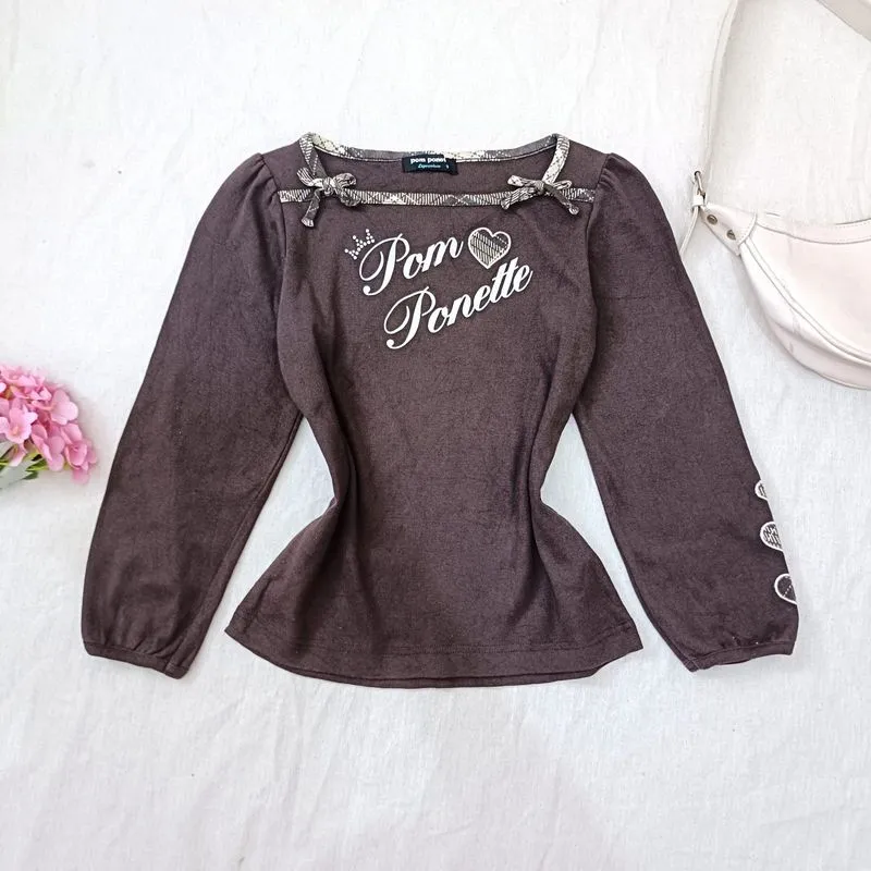 Pom Ponette Lepremium Long Sleeve Ribbon Top Brown Size S Li photo 1