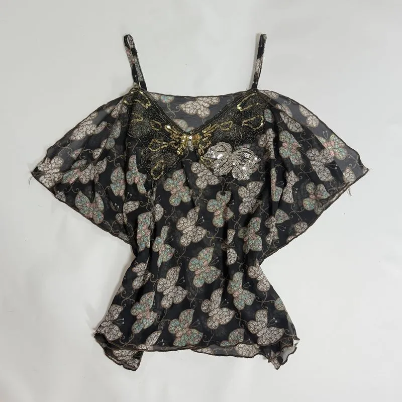 Y2k Butterfly Sequin Batwing Camisole Flare Sleeve Top photo 1