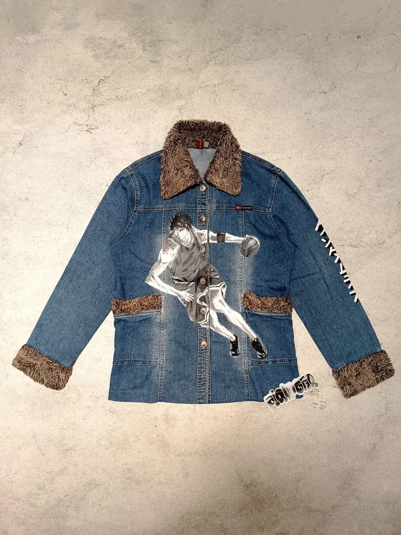 DENIM Sherpa Jacket Custom Hand Painted 1 Of 1 photo 1