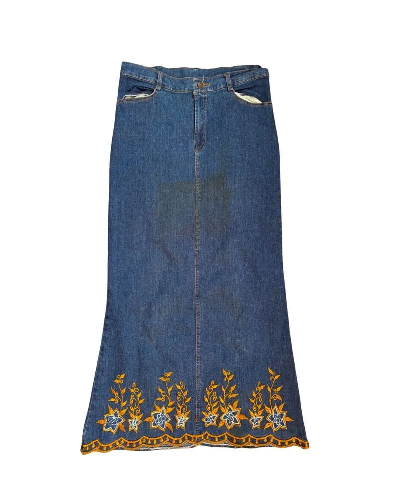 Vintage Boho Floral Embroidered Denim Maxi Skirt photo 1