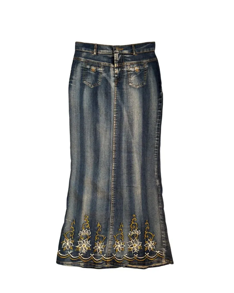 Y2K Long Floral Embroidered A-Line Denim Skirt photo 1
