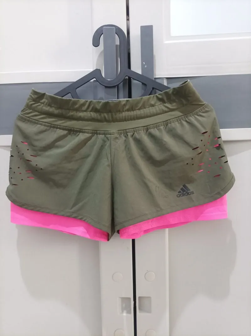 Adidas Women 2-in-1 Running Shorts Army Green Pink photo 1