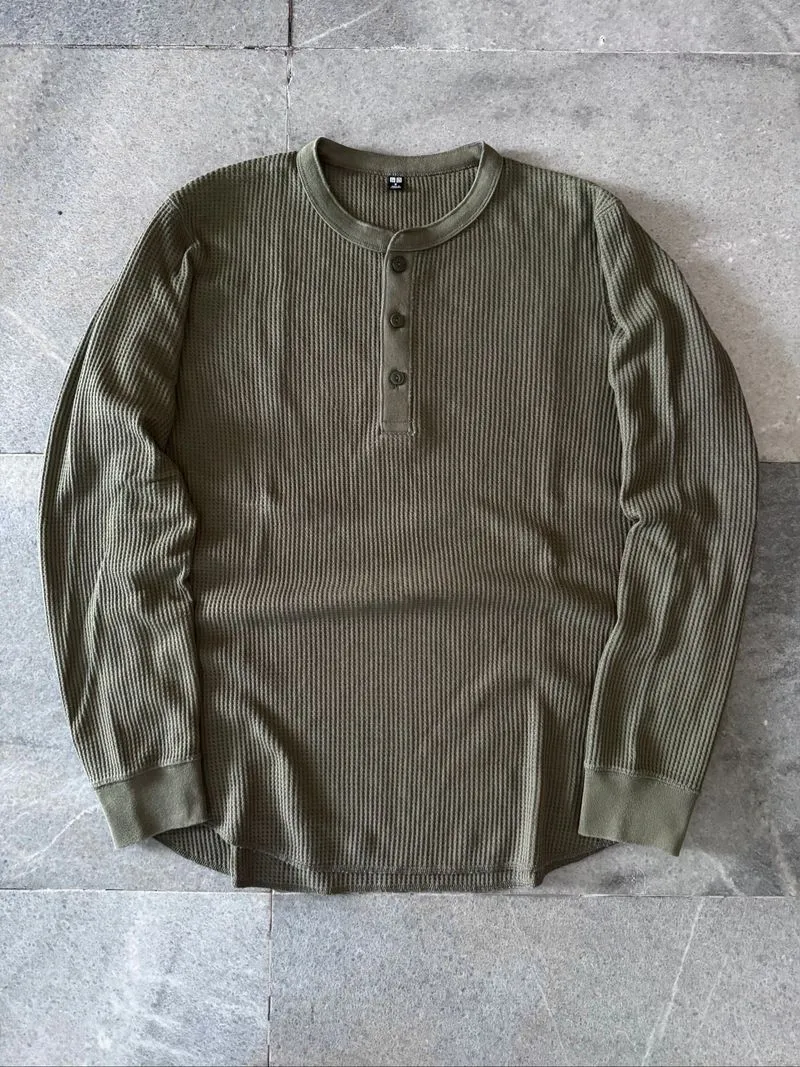 Kaos Panjang Longsleeve Uniqlo Henley Waffle army original photo 1