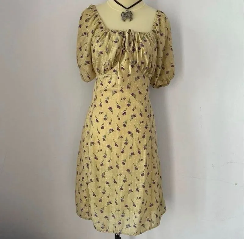Vintage Yellow Floral Summer Midi Dress photo 1