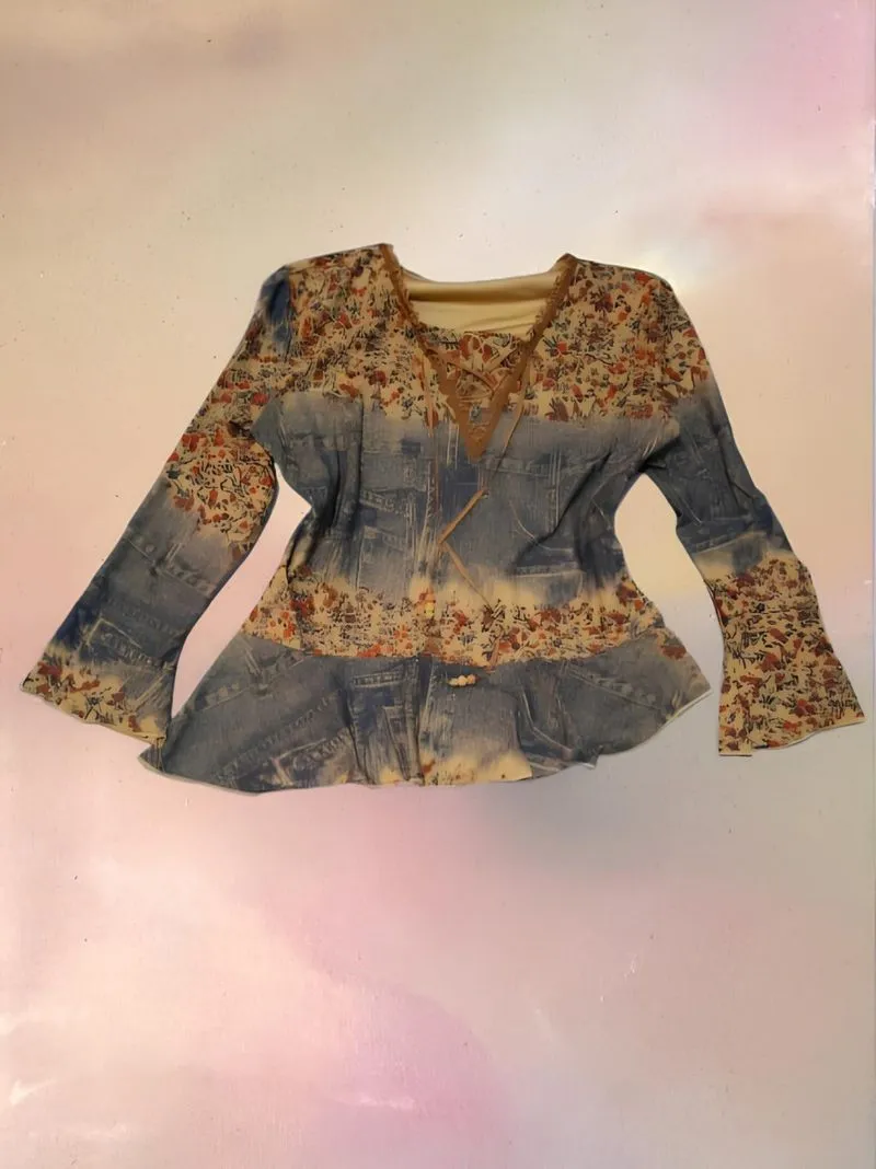 Bohemian denim flare asymmetrical top photo 1