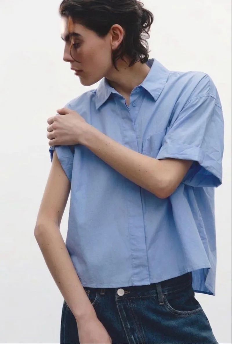 Zara Blue Poplin Short Sleeve Boxy Shirt photo 1