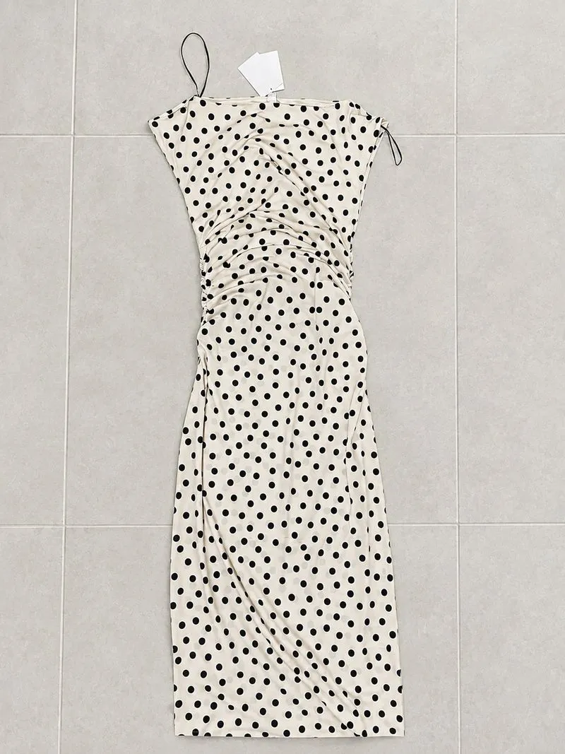Polka Dot Ruched Midi Dress – Cream & Black photo 1