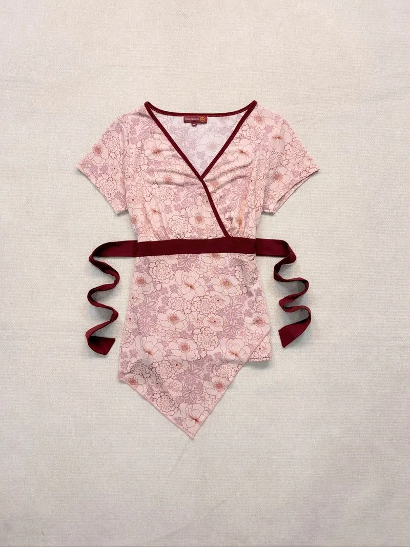 pink floral asymmetric tie-waist top photo 1