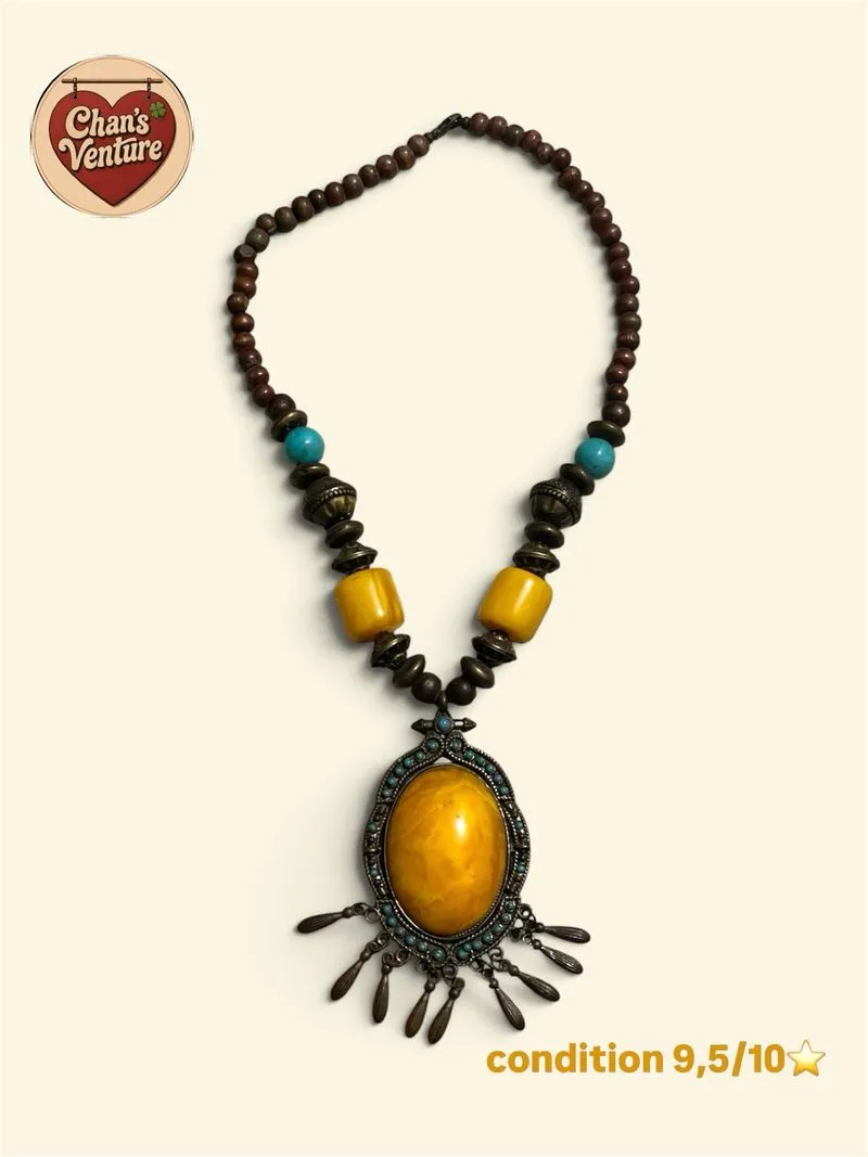 Kalung Etnik Boho Tribal Vintage Liontin Oval Manik Kayu & T photo 1