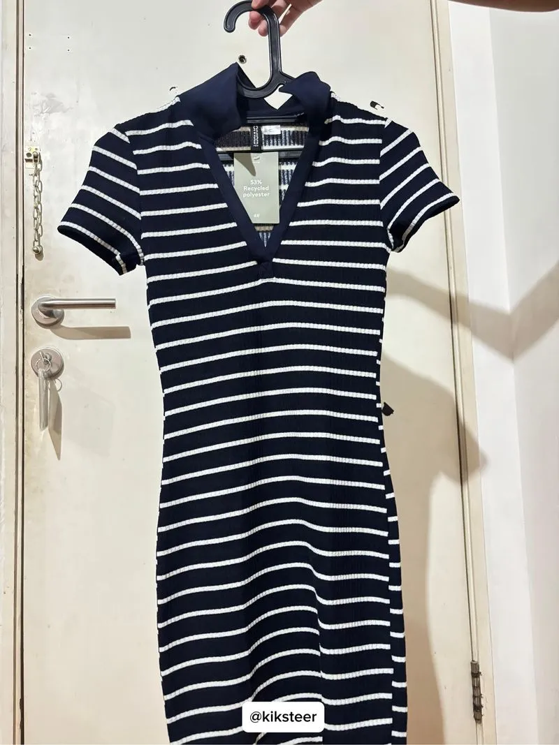 H&M Ribbed Stripe Polo Dress Navy White photo 1