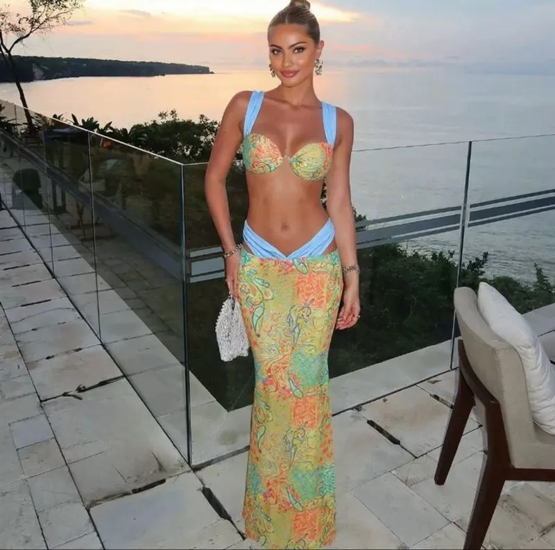 Bikini dress 3 Pieces Set blue green Women Colorful Print photo 1