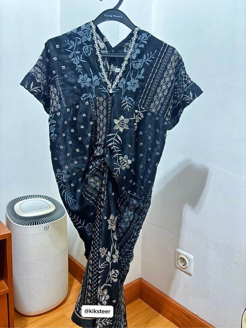 Kaftan Midi Dress Bordir Etnik Hitam Biru photo 1
