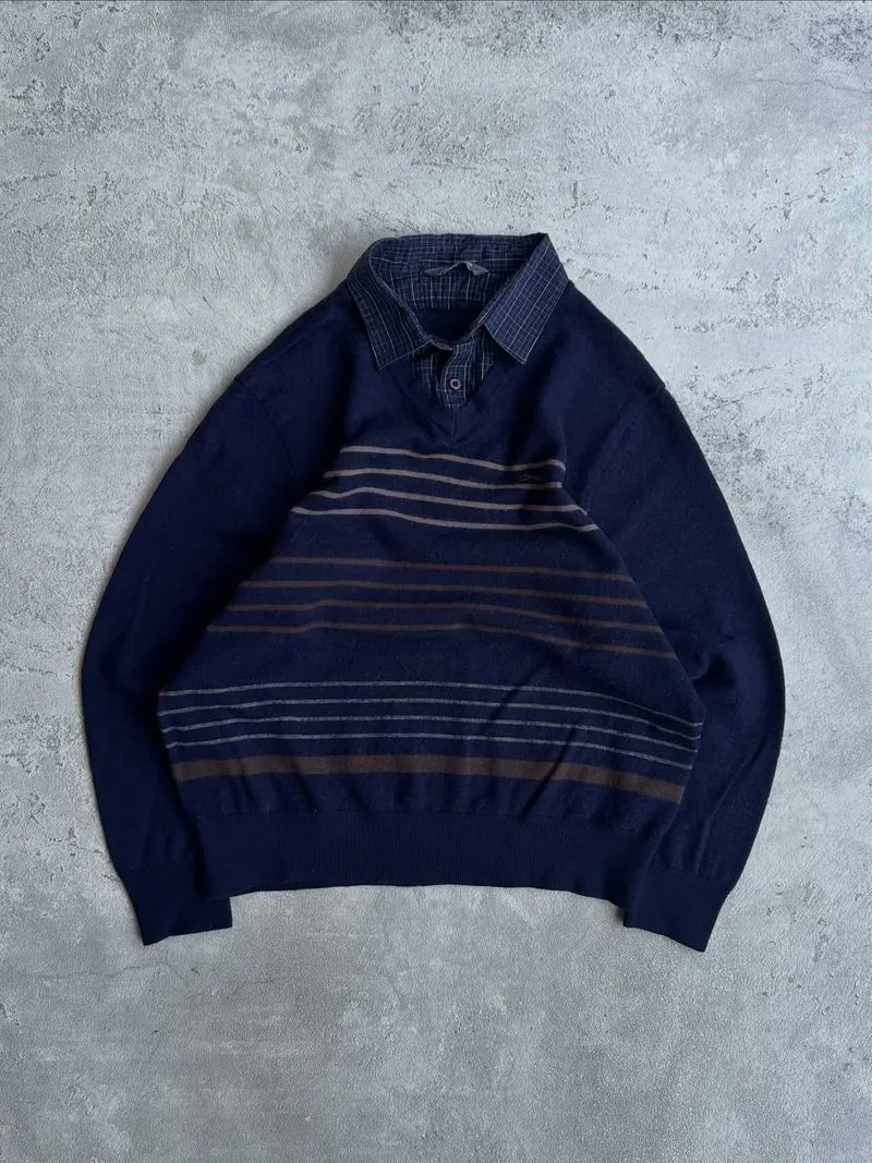 Crocodile knitwear basic stripe half button double layer photo 1