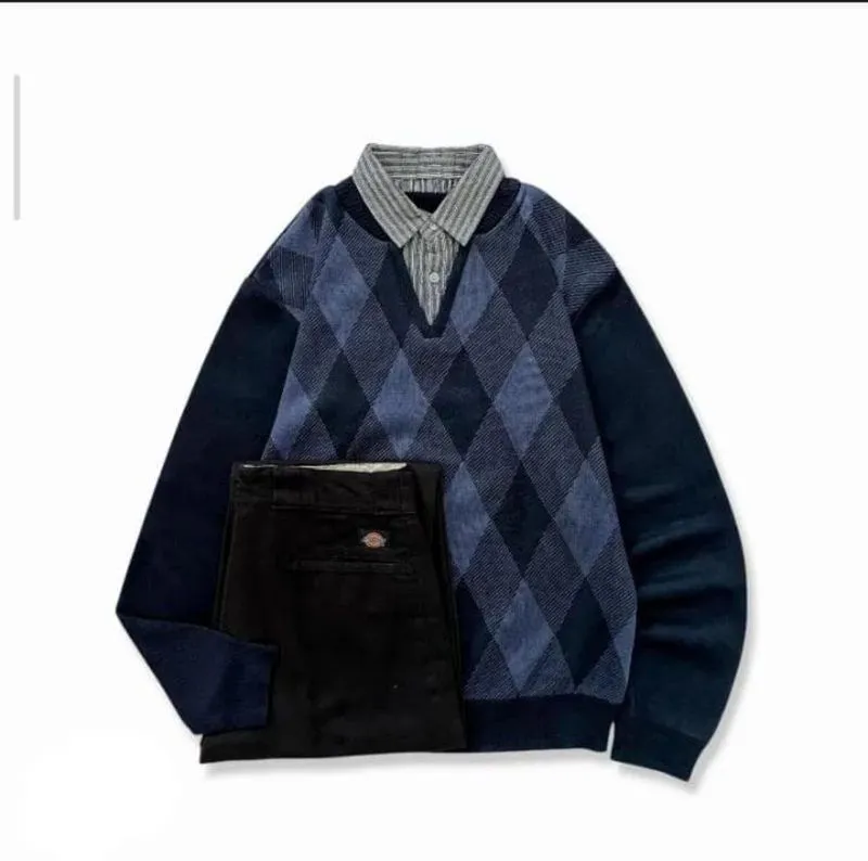 Jackfield V-Neck Argyle Knitwear - Navy Blue photo 1