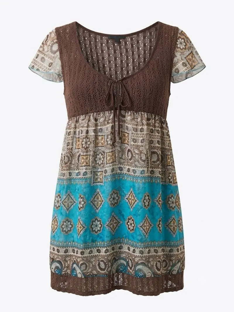 Crochet Motif Ethnic Paisley Cokelat Biru Vintage Y2K Boho T photo 1