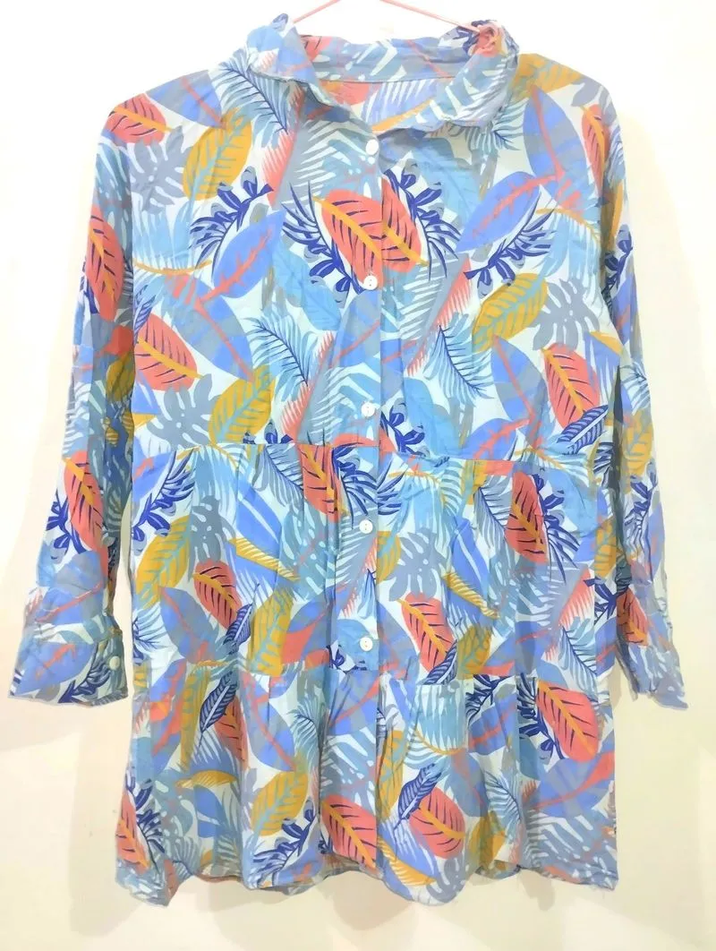 KEMEJA WANITA MOTIF TROPICAL DAUN PASTEL | LONG SLEEVE photo 1