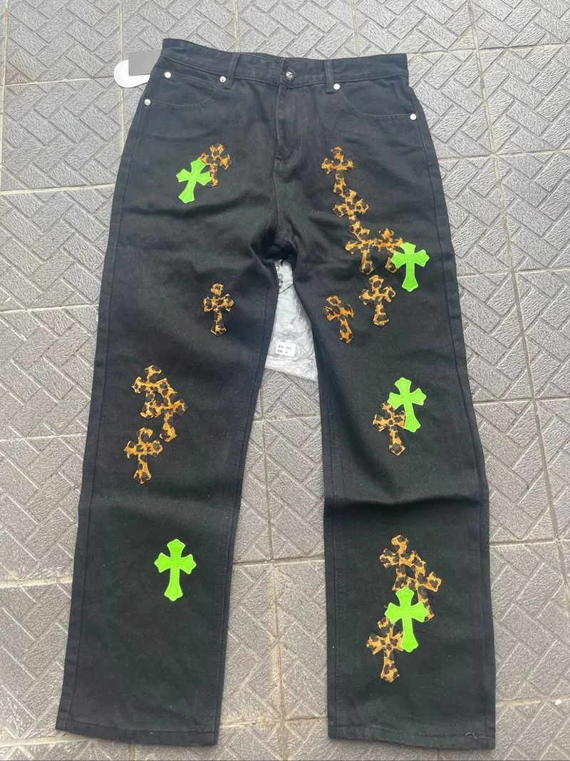 Chrome Hearts Cross Patch Jeans - Black/Green/Cheetah photo 1