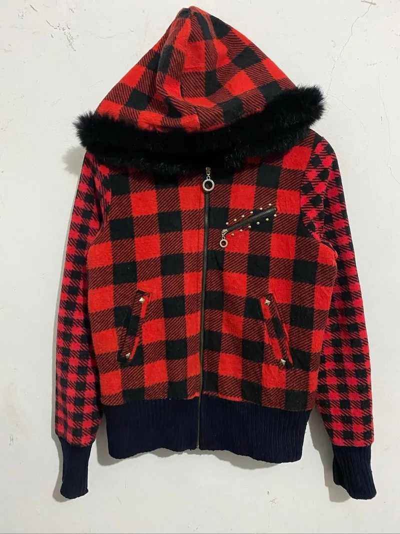 Japanese Plaid Jacket Fur Y2K Vkei Punk photo 1