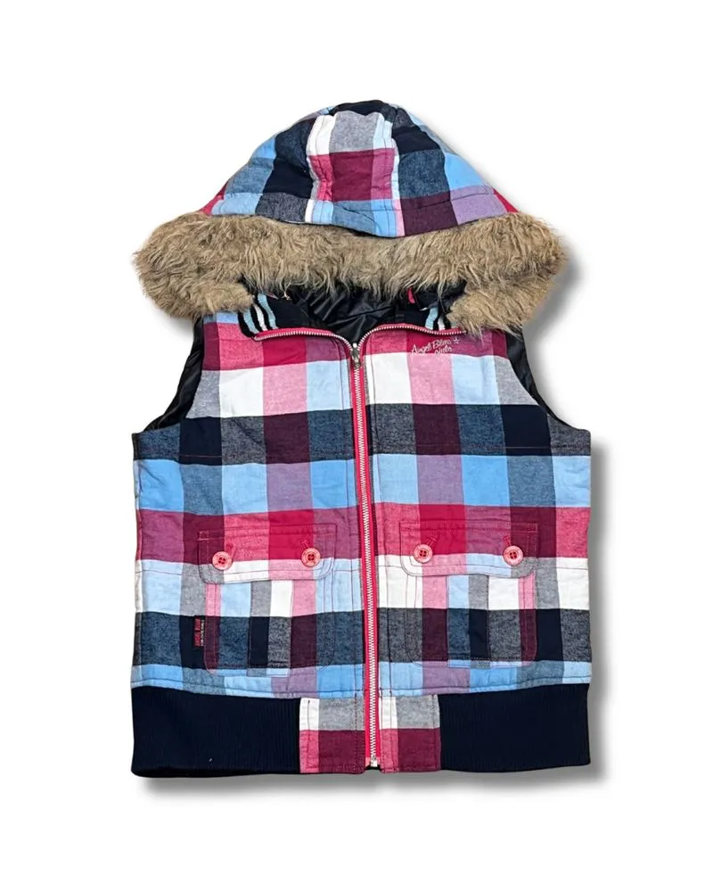 Angel Blue Y2K Reversible Plaid Puffer Vest | 2-Way Fur Hood photo 1