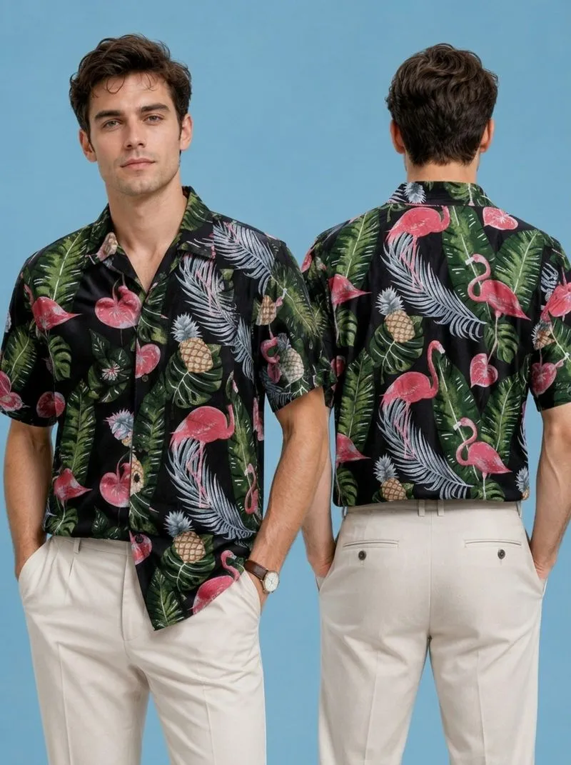 Thai Men's Black Floral Pineapple Flamingo Hawaiian Shirts L photo 1