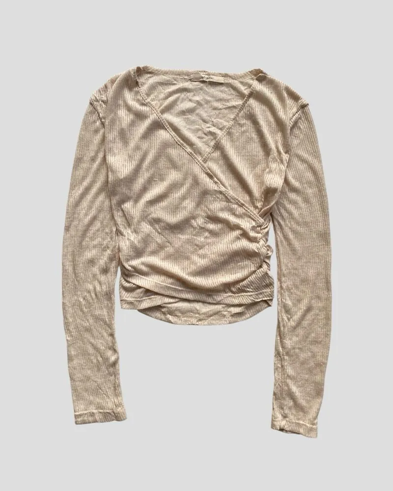 If You Korean Beige Fitted Ribbed Wrap Top Bears Deep VNeck photo 1