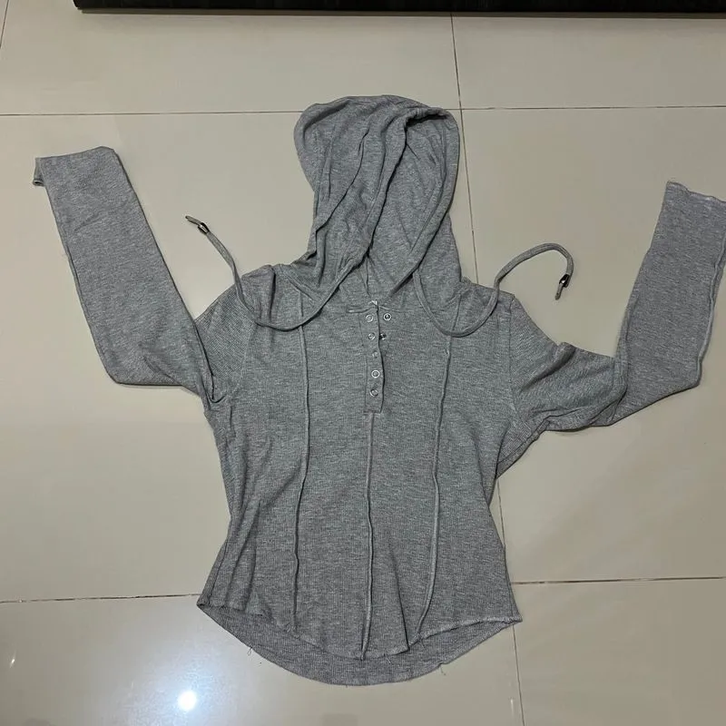 Long Sleeve Soft Button Up Cropped Ribbed Hoodie photo 1